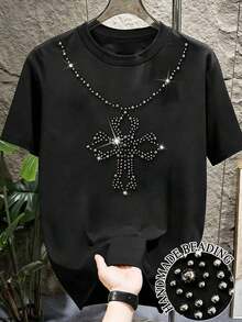 Camiseta informal de manga corta y cuello redondo de unicolor para hombres, con proceso de perforación caliente, nueva colección primavera/verano 2025, rave - Negro 3 - Ver 1