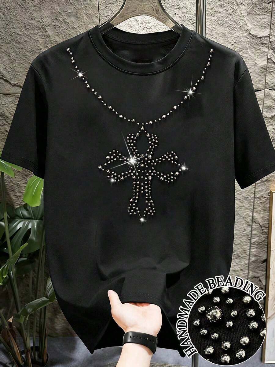 Camiseta informal de manga corta y cuello redondo de unicolor para hombres, con proceso de perforación caliente, nueva colección primavera/verano 2025, rave - Negro 3 - Ver 1