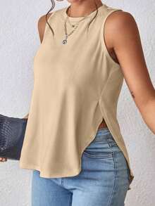 1 pieza Camiseta casual de mujer de cuello redondo y bajo con abertura lateral de un solo color - Albaricoque - Ver 6
