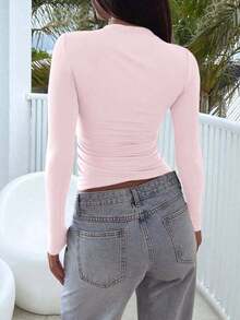 Camiseta ajustada de manga larga con cuello cuadrado para mujer, primavera/verano Y2K, unicolor, sexy, adecuada para el Día de San Valentín y uso casual - Rosa Pálido - Ver 7