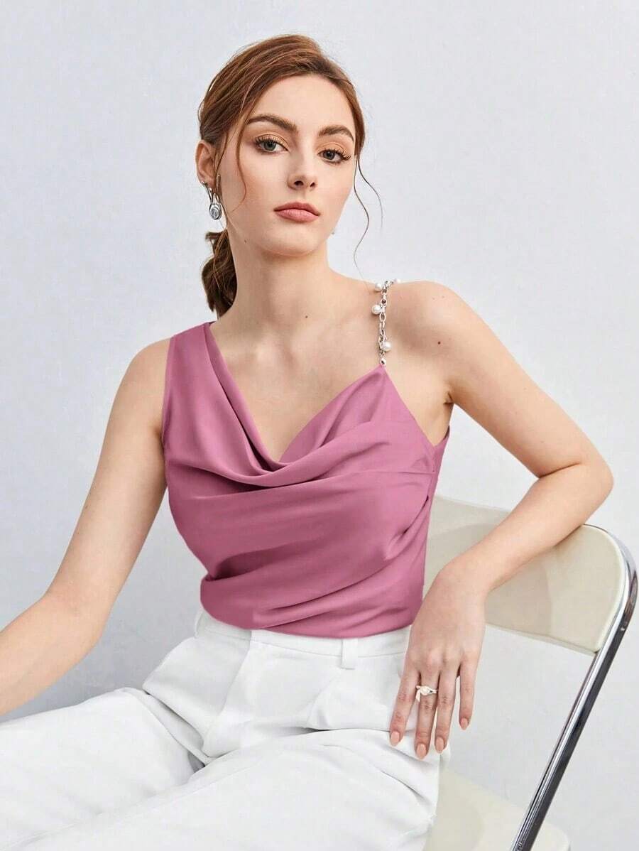 Camiseta asimétrica con diseño fruncido y decoración metálica, elegante y chic para el día a día, estilo urbano, romántico retro de los 90.Adecuado para Navidad, Año Nuevo, San Valentín, fiestas, playa, graduación, moda, carnav - Lila Púrpura 2 - Ver 1