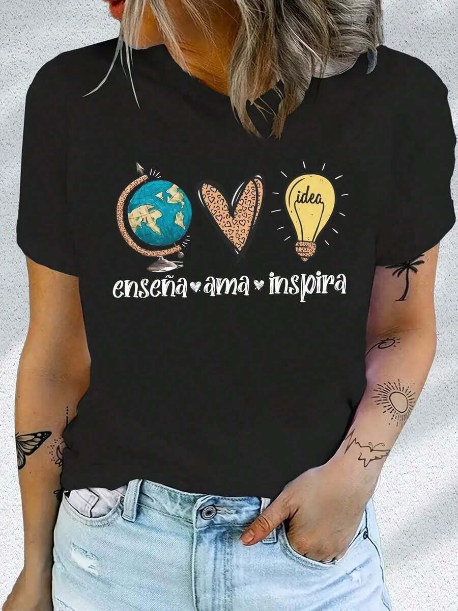 Camiseta con estampado gráfico - Camiseta de manga corta y cuello redondo para mujer, informal, adecuada para verano, otoño y primavera - Ropa de mujer - Negro - Ver 1
