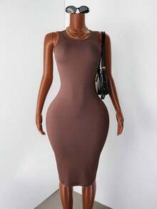 Vestido casual de mujer de unicolor, acanalado y ajustado sin mangas - Café integral - Ver 6