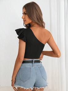 Camiseta crop de un hombro ribete con fruncido - Negro - Ver 2