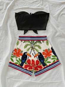 Conjunto de 2 piezas con estampado de árbol de coco y flor de diosa del sol para vacaciones en la isla, adecuado para vacaciones, verano, elegante - Multicolor 4 - Ver 2