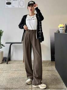Pantalones de pierna ancha con detalle de plisado de cintura alta, pantalones de vestir para mujer, ropa de vuelta al colegio para otoño - Marrón 2 - Ver 9