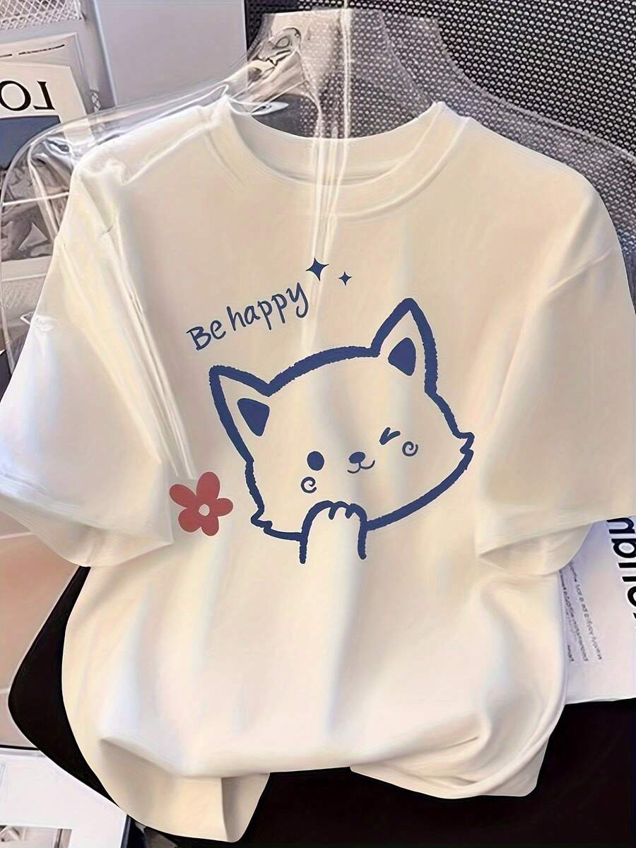 SimpieAndVersatileDesign Women's Korean Style White Summer T-Shirt - Smiling Wolf And Red Flower Print, Combined With The Korean Text "Be Happy", Casual Short Sleeve Round Neck Loose Fit Top, Breathable Kawaii Korean Style Casual Clothing, Korean Fashion Cotton T-Shirt. - 白色 - 查看 1