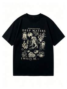 Women's 3-Piece Set Of Short-Sleeved Crew Neck T-Shirts, Minimalist Graphic Print Of Colorful Letters, Sea Turtle, Dolphin And Jellyfish, Versatile, Suitable For Women's Blouses, Casual Holiday Wear, Spring. - 黑色 - 查看 2