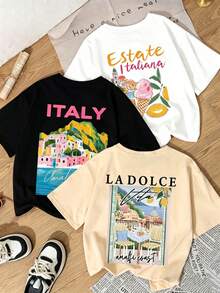 Prenda individual, no un conjunto de 3 piezas, 1 piezas/set de camisetas de manga suitable for streetwear, Top oversized cuello redondo daily outings, camping, concerts, hip-hop, rock, and rap events camisetas de verano de manga corta con cuello redondo, diseño gráfico de taza de café y té con estilo de dibujos animados, versátil y de moda para mujeres - Blanco - Ver 1