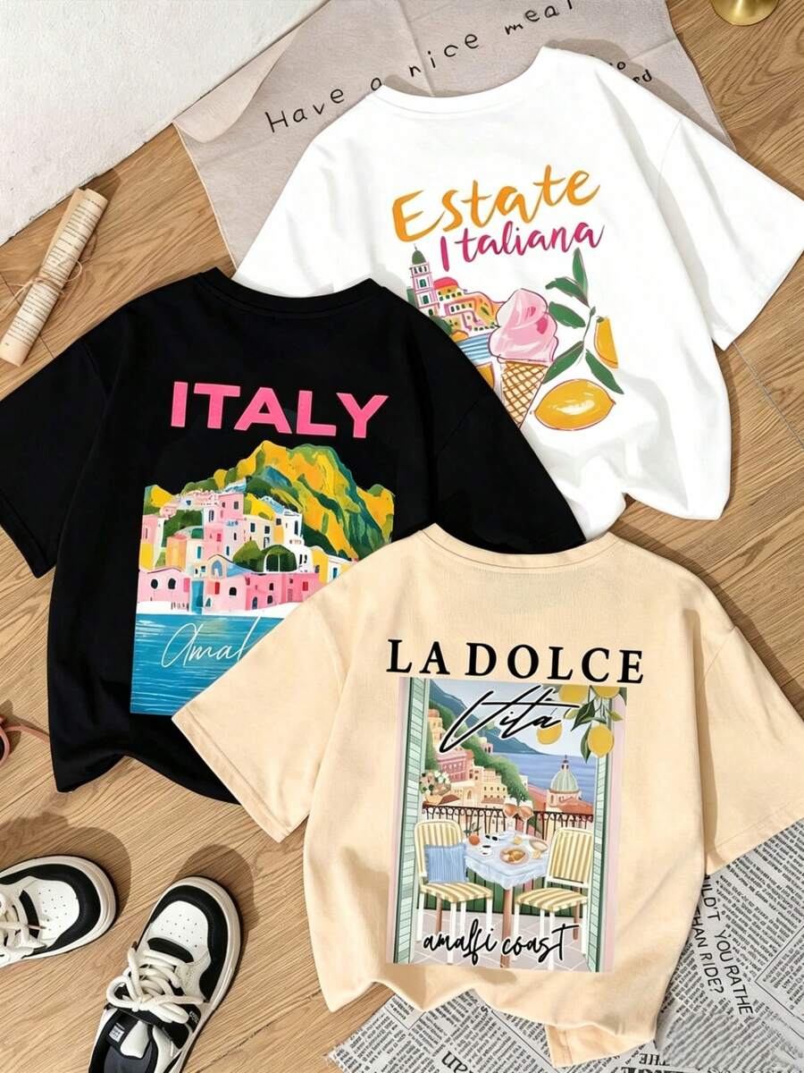 Prenda individual, no un conjunto de 3 piezas, 1 piezas/set de camisetas de manga suitable for streetwear, Top oversized cuello redondo daily outings, camping, concerts, hip-hop, rock, and rap events camisetas de verano de manga corta con cuello redondo, diseño gráfico de taza de café y té con estilo de dibujos animados, versátil y de moda para mujeres - Blanco - Ver 1