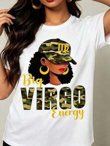 Women's T-Shirt With Virgo Zodiac Print And Energy Camouflage, Short Sleeve T-Shirt For Spring, Summer And Autumn, Beautiful And Fashionable Style - 白色 - 查看 4