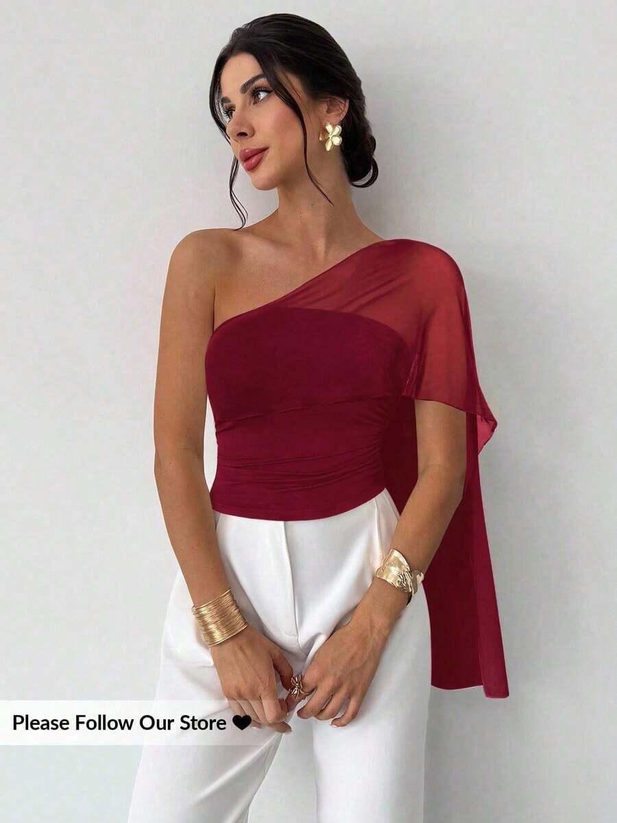 Blusa ajustada con volantes asimétricos de malla de punto con hombro asimétrico y empalme, elegante y casual, versátil, azul, adecuada para vacaciones, playa, atuendo de verano - Burdeos - Ver 1