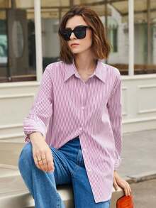 Camisa de mujer de manga larga con hombros caídos y rayas, estilo básico urbano y de commuter, moda simple y elegante, adecuada para vestimenta casual de negocios, oficina, profesora - Rosa 2 - Ver 8