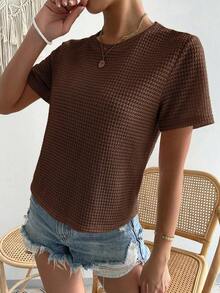 Camiseta casual de manga corta y cuello redondo llana para mujeres, verano - Café integral - Ver 6
