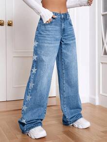 ALO FASHION Relaxed Fit Boho Denim Long Wash Star Pattern Wide Leg Jeans For Women Casual And Elegant Style - 寶藍色 - 查看 3