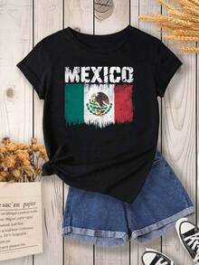 Camiseta de mujer con la bandera mexicana - Camiseta de manga corta y cuello redondo con los colores de la bandera mexicana, adecuada para ropa casual de estilo mexicano en primavera y verano, cómoda camiseta con estampado de la bandera mexicana (corte regular), ideal para uso diario o eventos mexicanos, lavable a máquina - Camiseta cómoda y relajada para el tiempo libre. - Negro - Ver 12