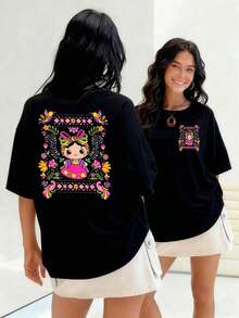 Women's T-Shirt Featuring A Doll With Flowers And Butterflies Surrounded By Vibrant Greenery, Representing Mexican Joy And Tradition. Made From 100% Soft And Cool Cotton. Suitable For Spring, Summer, And Autumn. - 黑色 - 查看 7