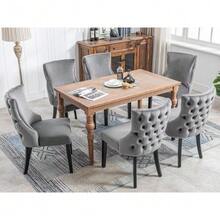 4-Legged Chair, Grey Velvet Dining Chair, With Button Tufting, Solid Wood Frame, Grey (Set Of 6) - 灰色 - 查看 5