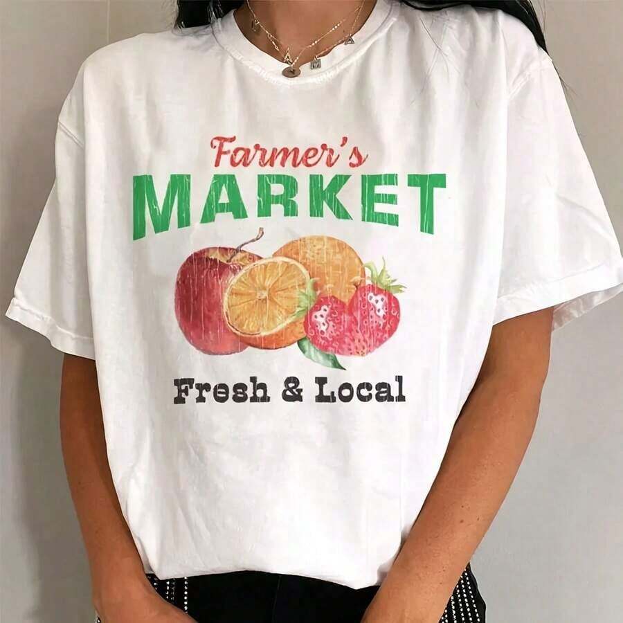 Vintage Casual T-Shirt With Farmers Market Fruit Print, Short Sleeve, Cute Graphic Design, Country Aesthetic, Strawberry T-Shirt, 100% Cotton, Durable - 白色 - 查看 1
