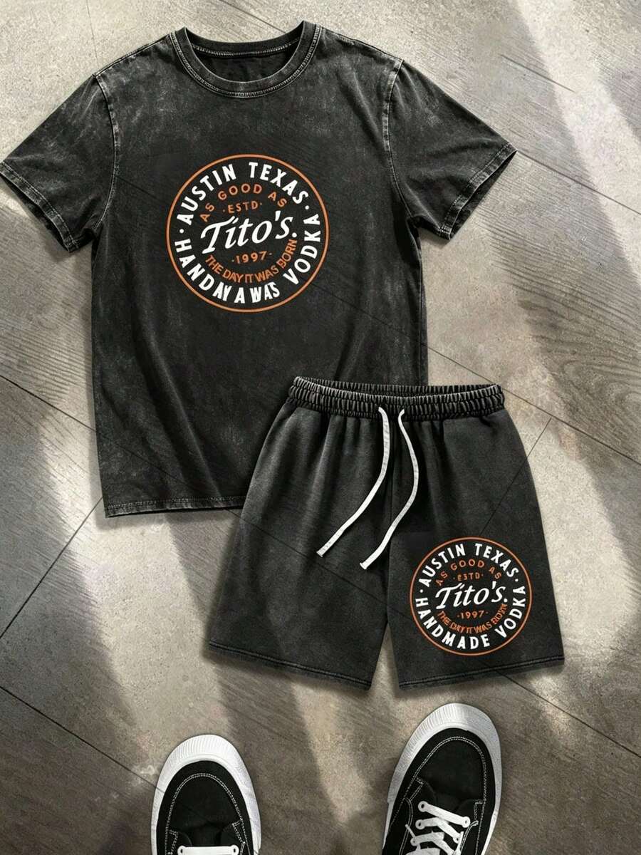 2PCS Set Men's Tito's Handmade Vodka Austin Texas Print Washed Cotton T Shirt And Shorts Set 100% Pure Cotton Washed Set-The Ideal Choice For Summer Wear, Outdoor Activities, And Everyday Casual Styling. - màu đen - Xem 1
