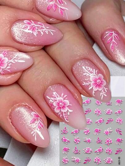 5D Embossed Gradient Omber Pink Cherry Nail Art Stickers Blossoms Peach Lily Flower Nail Decal Self Adhesive Manicure Cherry Flower Slider