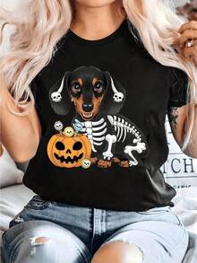 New 2026 Women's Halloween T-Shirt - Funny Skeleton Dachshund Costume Party Outfit - Yellow Shirt with Pumpkin, Seasonal Festival Wear, Humorous Animal Print, Comfortable Pullove Camiseta de Halloween para mujer - Divertido disfraz de perro salchicha esqueleto para fiesta - Camisa amarilla con calabaza, ropa de festival de temporada, estampado animal divertido, suéter cómodo Camiseta gráfica de Halloween para mujer - Diseño de dachshund con esqueleto y calabaza, 100% poliéster, cuello redondo casual, manga corta, tejido regular para verano, camisetas de Halloween. - Negro - Ver 6