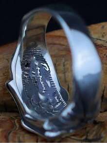 1 pieza Anillo de estilo gótico retro de doble cara del Joker del bien y del mal para hombres - Plata antigua - Ver 2