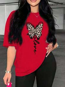 Camiseta de Verano Casual de Manga Corta con Cuello Redondo y Estampado de Leopardo y Mariposa para Mujer, Camisetas Gráficas de Algodón para Mujer - Rojo - Ver 6