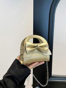 1个时尚流行链条包手提包蝴蝶结单肩包可爱斜挎包，饰有可爱甜美的蝴蝶结，PU材质，磁扣闭合，适合女孩购物、聚会、日常使用，可放置耳机和纸巾，糖果色纯色链条斜挎包 - 彩色 - 查看 6