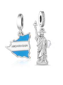 1 Set 925 Sterling Silver Travel & Patriotic Theme Pendant Set, Including Map, Statue Of Liberty And Black Cubic Zirconia Flower Pendant, Suitable For Bracelet, Hypoallergenic Jewelry Gift - Silver - View 2