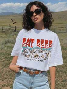 Camiseta 'Eat Beef' Estilo Retro Western de los 90s, Camiseta Vintage con Gráficos de Ganado y Vacas, Camiseta de Apoyo a los Ganadores, Camiseta con Gráficos de Ganado, Camiseta 'Gracias a un Agricultor', Ropa de Vaquero, Camiseta de Granja. | Mujeres Verano Imprimir Redondo Cuello Corto Manga Informal Camiseta Gráfico Camisetas Mujeres Tops2026nuevo Estilo Vacaciones Conjuntos de ropa Mujeres Verano Ropa Concierto Conjunto de ropa Mujeres País Concierto Conjunto-Vintage Calle Estilo Unisexo Suelto Algodón Corto Manga Tripulación Cuello Camiseta 100% algodón puro - Blanco - Ver 6