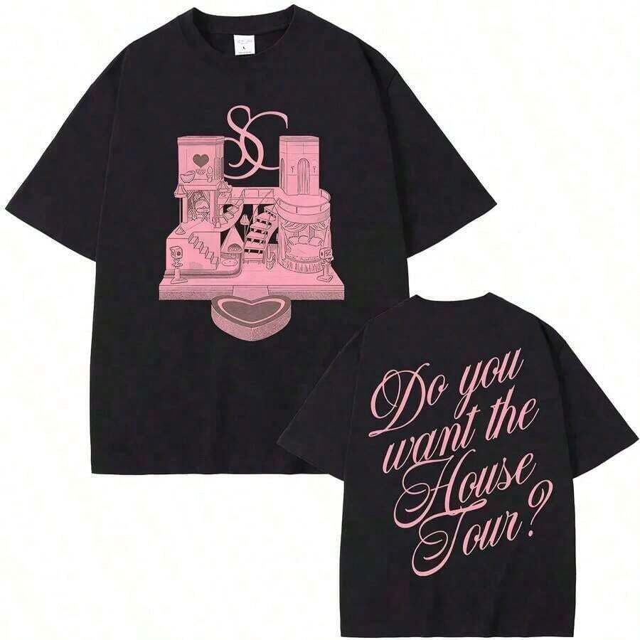 Women's Clothing; Summer Tops 2026 New T-Shirt Sabrinass Carpenters House Tour Official Store Same Style High Quality 100% Cotton Summer Outfits Pure Cotton QB8F-High Quality - 黑色 - 查看 1