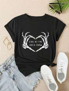 Women's Printed T-Shirt - Skeleton Hands Forming A Heart Design, Girl At A Rock Concert, Casual Crew Neck Short Sleeve T-Shirt For Urban Wear, Comfortable Fit For All Seasons_x000D_
White - High Quality - 黑色 - 查看 2
