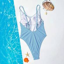 One-Piece Swimsuit With Multicolored Striped Lobster Print, Sexy, For Beach Vacation, Wholesale. - Pink Checkered - View 5