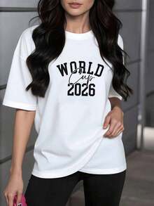 Text Celebrating The Sporting Spirit And Unity Between Countries With Large Letters Announcing World Cup 2026, A Symbol Of Global Passion. Women's Casual, Modern, Comfortable T-Shirt For Everyday Wear. - 白色的 - 查看 6