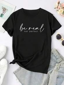 Women's & Men's Camiseta Motivacional "Sé Real, No Perfecto" para Hombre y Mujer, Estilo Y2K| Top Casual de Manga Corta con Cuello Redondo en Rosa Pastel y Estampado de Afirmaciones Positivas, Lavable a Máquina, Ajuste Cómodo para Todas las Temporadas, Ideal para Ropa Casual, Fiestas y Conjuntos que Refuerzan la Autoconfianza - Negro - Ver 8