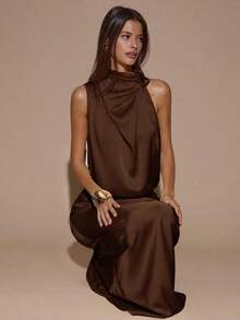 Vestido asimétrico sin mangas de color crema y amarillo, vestido de noche minimalista y sexy para fiesta, cóctel, boda, cumpleaños, vestido largo de satén - Café integral - Ver 4