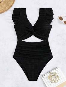 Traje de baño de una sola pieza con corte retorcido y recorte frontal, estampado a rayas para mujer en la playa en verano - Negro - Ver 4