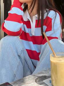 CAREE Women's Vintage Colorblock Striped Polo Neck Knit Top, Comfortable Casual Wear For Daily And Commute, Spring/Summer - Multicolor - View 3