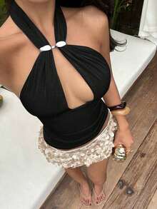 Camiseta sin espalda con cuello halter y decoración de hebilla de metal hueca sexy para mujer - Negro 2 - Ver 1