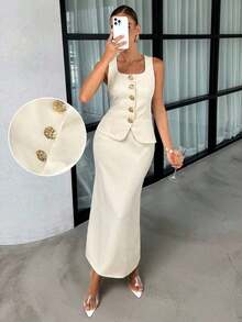Conjunto de dos piezas de mujer para uso diario, atuendo para el Día de la Madre, atuendo de verano para mujeres, atuendo de iglesia para mujeres, vestido de graduación, ropa de verano de color amarillo mantequilla "old money", conjunto de dos piezas de verano para mujeres, chaleco y faldas con estampado floral, conjunto de dos piezas de mujer para uso diario, atuendos de verano para mujeres, atuendos de oficina casual elegantes para mujeres, atuendo de estilo "old money" para mujeres, conjunto de dos piezas de verano casual elegante para mujeres, atuendos de oficina para maestras - Albaricoque - Ver 7