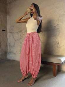 Pantalones holgados de tiro alto con bolsillos y estampado de cuadros para mujer, ideales para vacaciones, estilo vacacional, atuendos de verano. Pantalones holgados con cintura elástica y estampado de cuadros, adecuados para la oficina, negocios, vacaciones, uso casual, diario, universidad, viajes. Nuevos pantalones de verano para mujer, pantalones de trabajo, pantalones envolventes, pantalones de trabajo para mujer. - Rojo - Ver 5