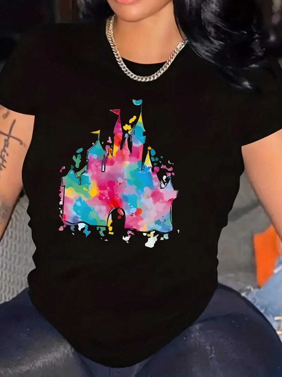 1 pieza de camiseta casual de manga corta con cuello redondo y estampado de castillo para mujer, primavera/verano, disfraz de Halloween, camisa de ropa para mujer, ropa de otoño para mujer, adecuada para Pascua, Halloween, Día de Acción de Gracias, etc. 100% algodón, 180g. - Negro - Ver 1