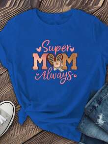 Women's Short Sleeve T-Shirt With "Blessed Mom" Print - Round Neck Short Sleeve Top Suitable For Spring And Summer Wardrobe - Elegant, Lightweight, Breathable Casual Blouse - 藍色 - 查看 2
