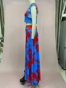 Women's Two-Piece Set With Floral Print Crop Top And Maxi Skirt, Halter Neckline, High Belt, Lightweight And Breathable Fabric Ideal For Beach, Vacation And Summer, Boho Chic Style Perfect For Beach Parties And Resorts - 紅色 - 查看 3