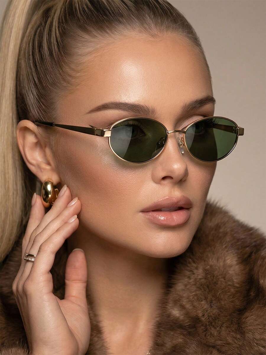 1 Pair Women's Gold Oval Frame Luxury High-End Metal Thin Leg Vintage Fashion Glasses - Gold - View 1