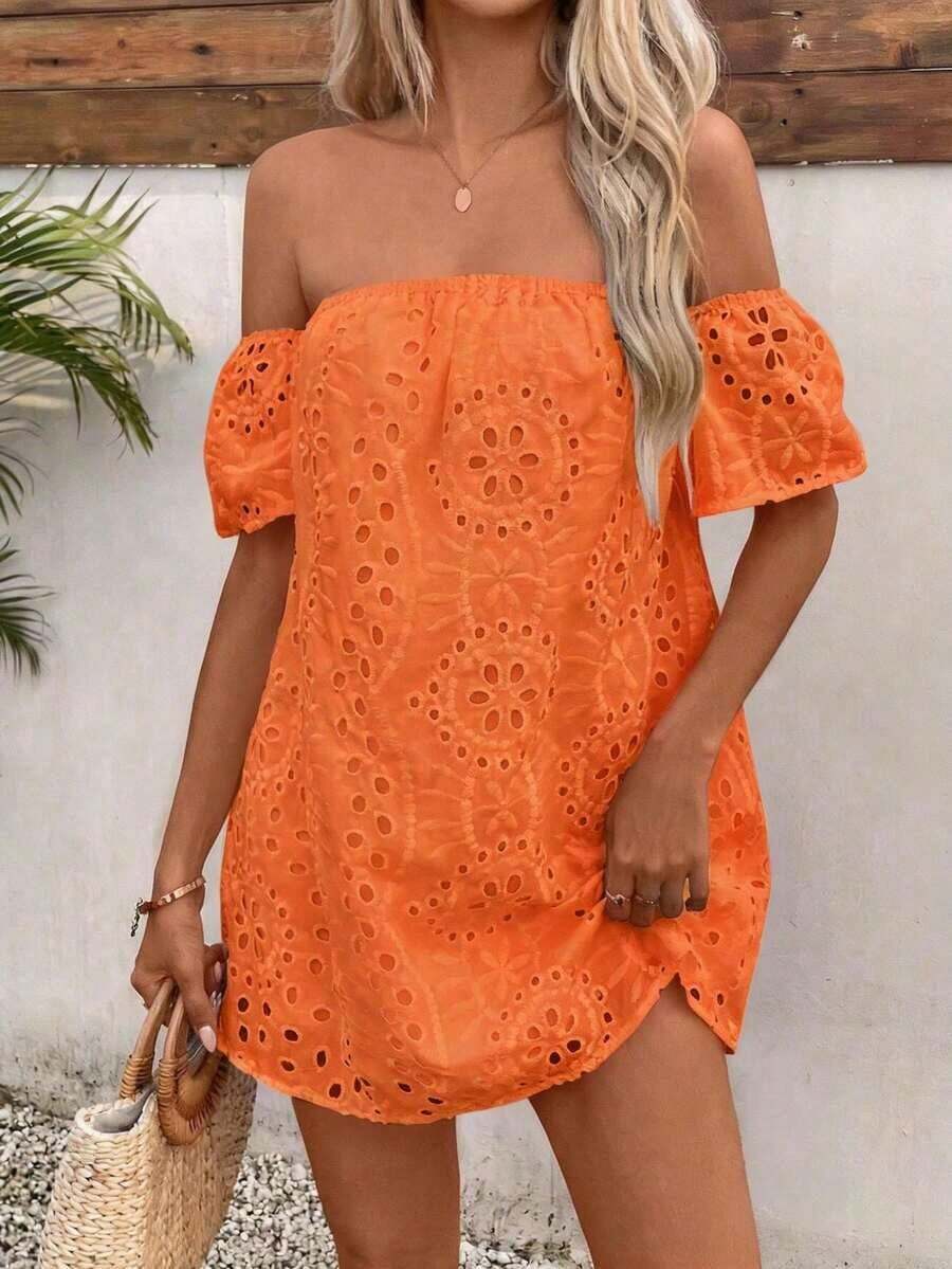 Vestido de verano de unicolor para mujer con hombros abiertos, con patrón bordado calado, mini vestido corto para vacaciones y playa - Naranja - Ver 1