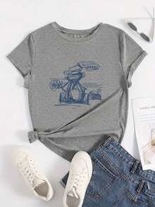 Loose-Fitting, Round-Neck, Short-Sleeved T-Shirt For Women With A Print Of Lines, Geometric Patterns, And Letters. - 灰色 - View 1
