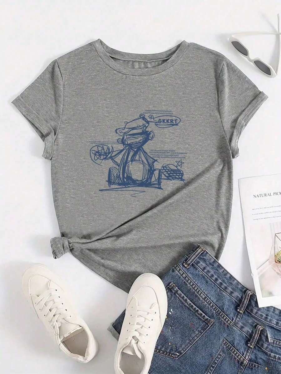 Loose-Fitting, Round-Neck, Short-Sleeved T-Shirt For Women With A Print Of Lines, Geometric Patterns, And Letters. - Grey - View 1
