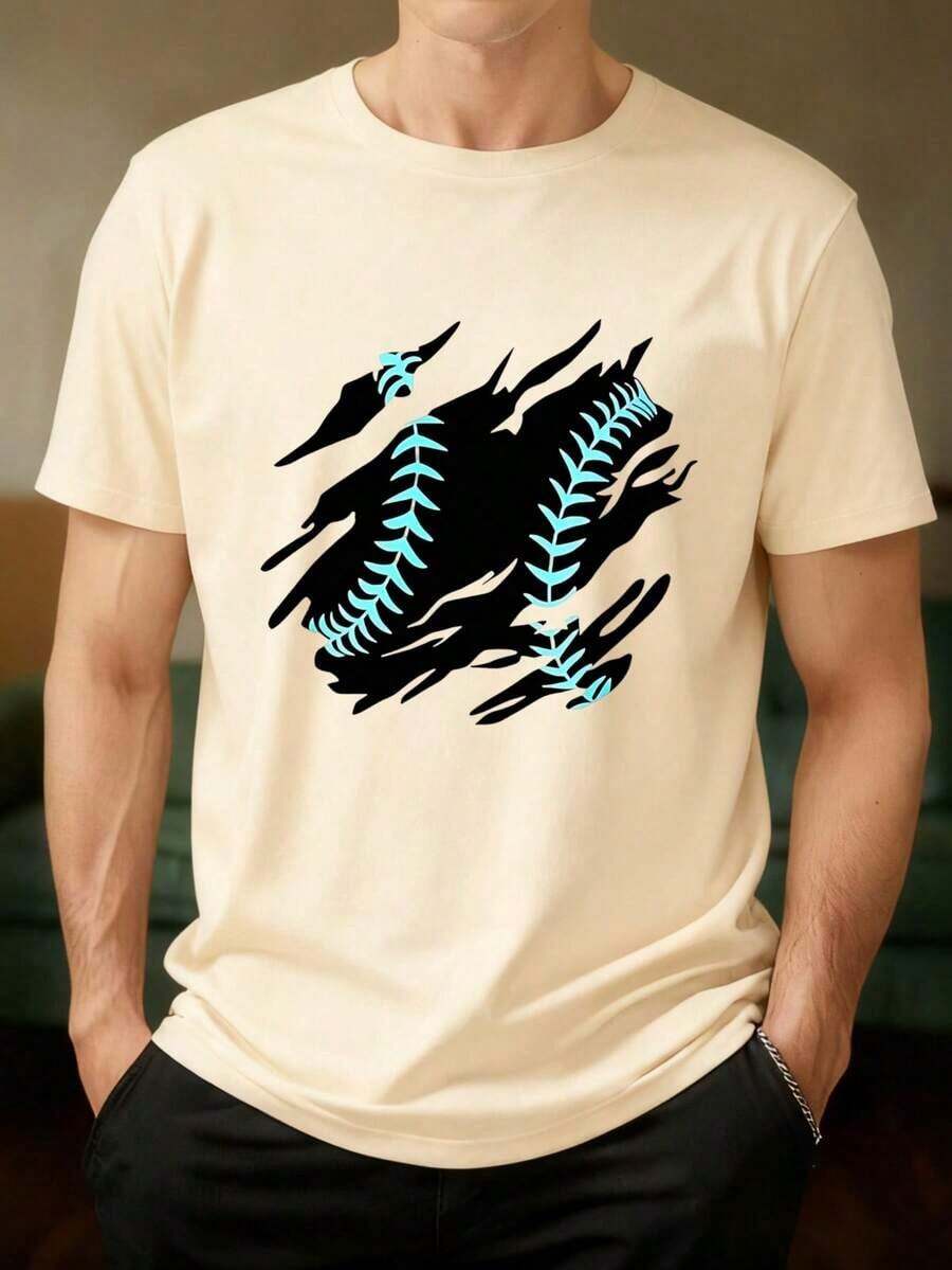 Camia Negra con Estampado de Béisbol en Azul Cian - Diseño de Costuras de Pelota de Béisbol con Efecto Rasgado - Ideal para Deportes, Actividades al Aire Libre y Estilo Casual Ideal para regalar. Camisetas para mujer, camisetas para hombre, camisas > Elegantes. Estilo bohemio. Blusas suaves, transpirables y cómodas para mujer, ideales para primavera, verano y otoño, perfectas para vacaciones, viajes y uso diario, y para ver partidos. - Albaricoque - Ver 1